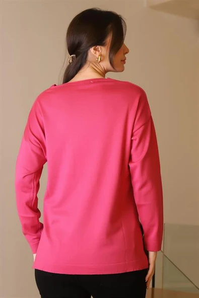 V YAKA KALP BASKILI FUŞYA KADIN TRİKO KAZAK 603-2K5 - Resim 5