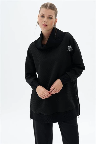 Triko Garnili Kapitoneli Siyah Kadın Sweatshirt  31007-2K5 - 1