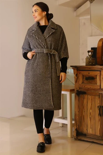 KAZAYAĞI DESENLİ KEMERLİ SİYAH KADIN KABAN 7135-2K5 - Resim 4