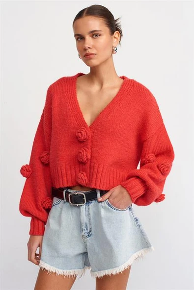 V YAKA EL İŞİ GÜL NAKIŞLI KIRMIZI KADIN HIRKA 60216-2K5 - Resim 3