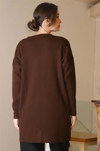 SIFIR YAKA UZUN KOLLU KAHVE KADIN TUNİK 6152-2K5 - 5