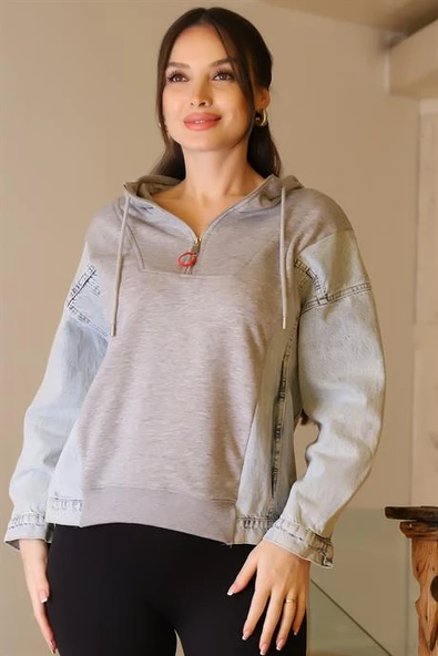 KAPÜŞONLU KOT DETAYLI GRİ KADIN SWEATSHİRT 29050-2K5 - 3
