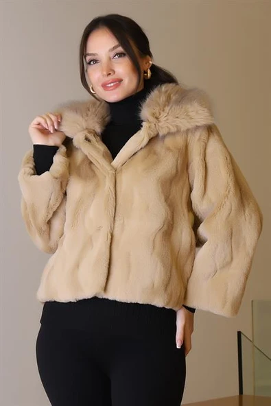 KÜRK YAKA UZUN KOLLU CAMEL KADIN CEKET   2637-2K5 - Resim 3