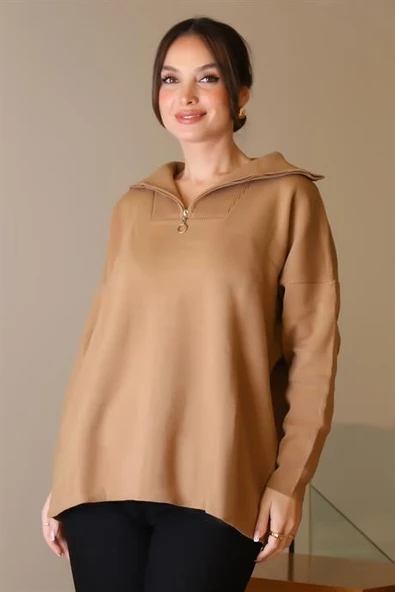 GENİŞ YAKA FERMUARLI CAMEL TRİKO KADIN KAZAK 6078-2K5 ürün görseli