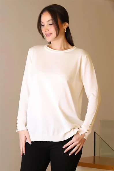 BİSİKLET YAKA KOLLARI DÜĞMELİ EKRU KADIN KAZAK 5575-2K5 - Resim 2