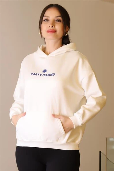 KAPÜŞONLU SIRTI YAZILI EKRU KADIN SWEATSHİRT W0011185-2K5