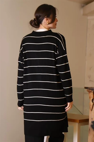 SİYAH ÇİZGİLİ UZUN KADIN TRİKO HIRKA 6165-2K5 - Resim 6