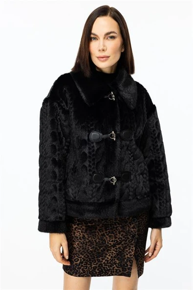 Kancalı Peluş Siyah Kadın Mont 7045-2K5 - 1