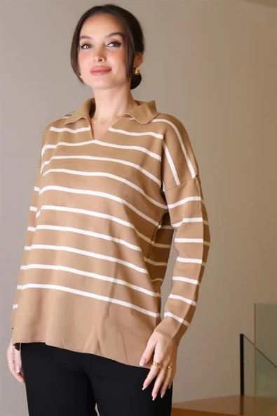 GÖMLEK YAKA ÇİZGİLİ CAMEL EKRU KADIN TRİKO KAZAK 5165-2K5 - Resim 2