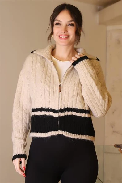 GENİŞ YAKA FERMUARLI TAŞ KADIN TRİKO CEKET T94594-2K5 - Resim 2