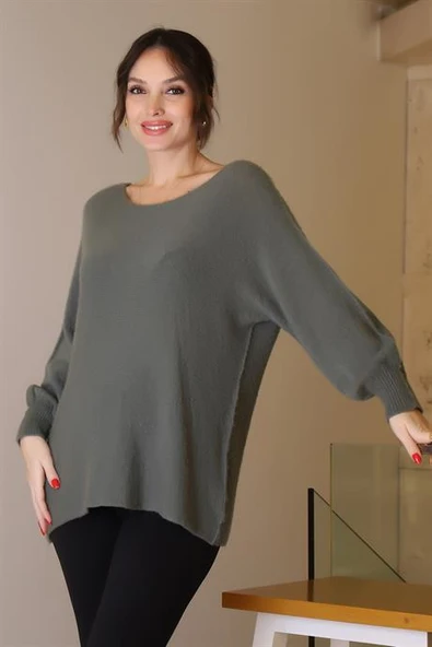 GENİŞ YAKA UZUN KOLLU HAKİ KADIN KAZAK 818-2K5