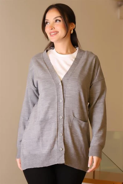 CEPLİ UZUN KOLLU GRİ KADIN HIRKA 5480-2K5 - Resim 4