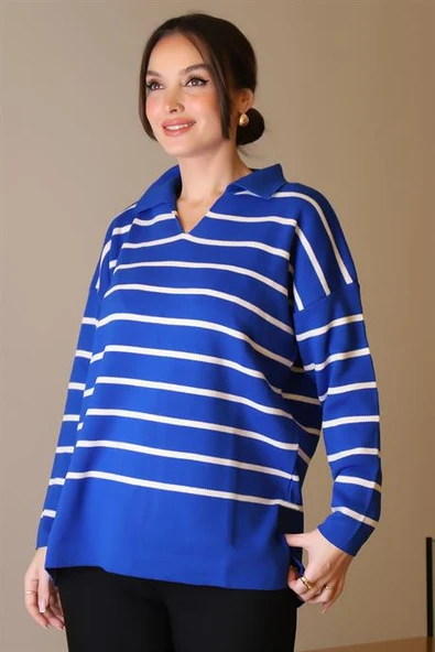 GÖMLEK YAKA ÇİZGİLİ SAKS EKRU KADIN TRİKO KAZAK 5165-2K5 ürün görseli