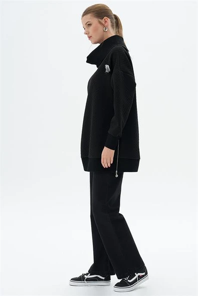 Triko Garnili Kapitoneli Siyah Kadın Sweatshirt  31007-2K5 - 3