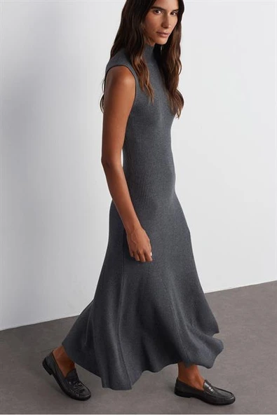 Dik Yaka Fitilli Kolsuz Füme Kadın Triko Elbise 90234-2K5 - Resim 2