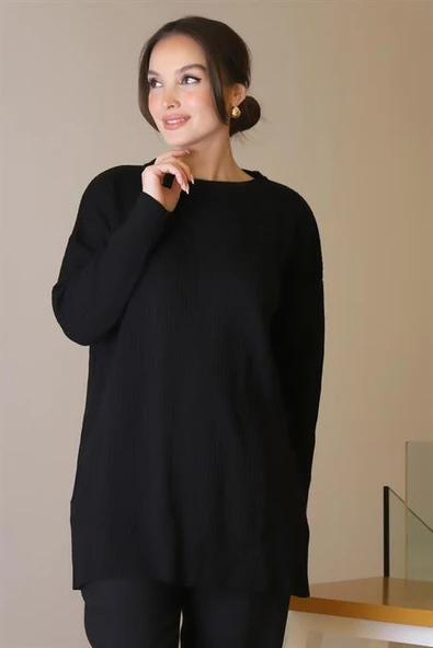 SIFIR YAKA UZUN KOLLU SİYAH KADIN TUNİK 6152-2K5 ürün görseli