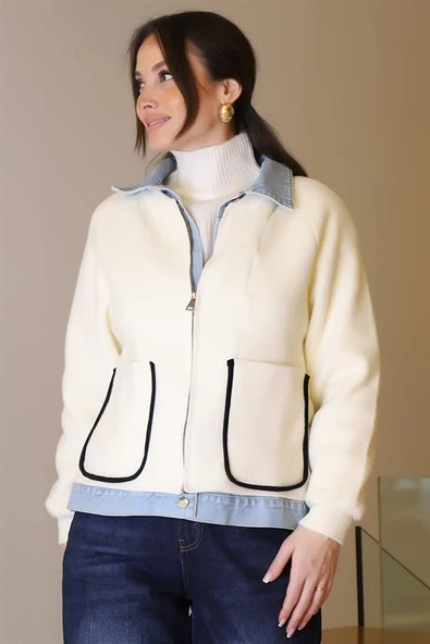 CEP DETAYLI UZUN KOLLU EKRU KADIN MONT T94581-2K5 - Resim 4