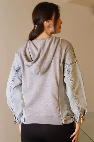 KAPÜŞONLU KOT DETAYLI GRİ KADIN SWEATSHİRT  29050-2K5 - 5