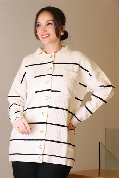 POLO YAKA DÜĞMELİ EKRU KADIN HIRKA 5224-2K5 - Resim 4