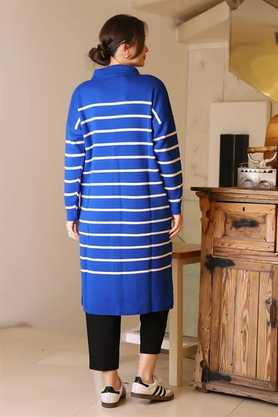 YANLARI YIRTMAÇLI UZUN KOLLU SAKS KADIN ELBİSE 5172-2K5 - Resim 5