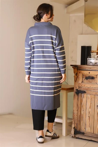 YANLARI YIRTMAÇLI UZUN KOLLU İNDİGO  KADIN ELBİSE 5172-2K5 - Resim 6