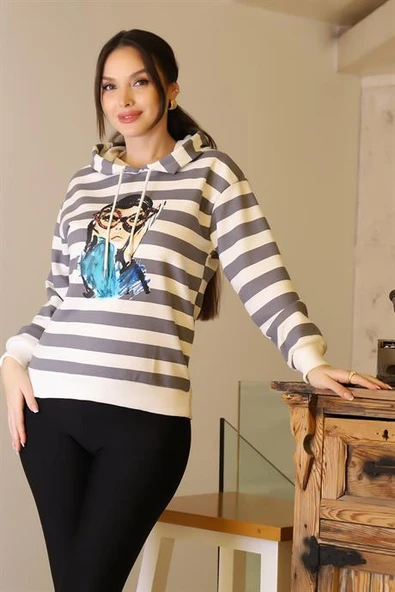 KAPÜŞONLU KIZ BASKILI EKRU KADIN SWEATSHİRT 29374-2K5