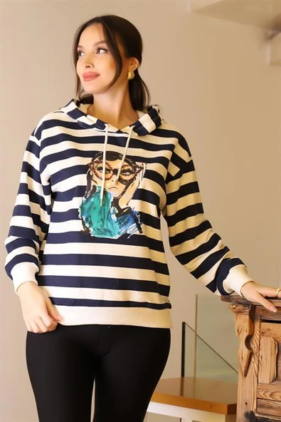 KAPÜŞONLU KIZ BASKILI LACİ KADIN SWEATSHİRT 29374-2K5 - 2