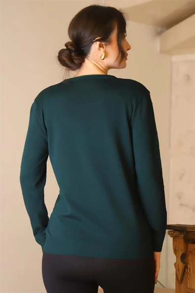 V YAKA UZUN KOLLU ZÜMRÜT  KADIN TRİKO KAZAK 5633-2K5 - Resim 5