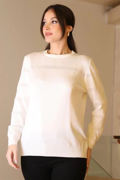 BİSİKLET YAKA EKRU  KADIN TRİKO KAZAK 5631-2K5 - Resim 2