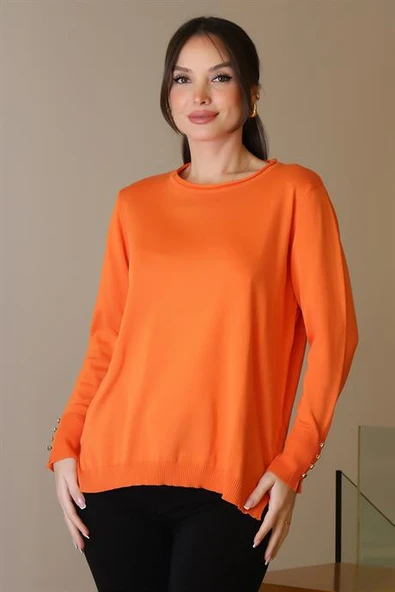 BİSİKLET YAKA KOLLARI DÜĞMELİ ORANJ KADIN KAZAK 5575-2K5 ürün görseli