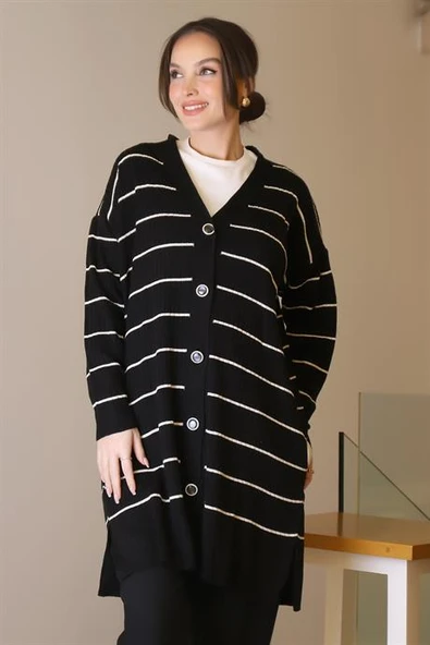 SİYAH ÇİZGİLİ UZUN KADIN TRİKO HIRKA 6165-2K5 - Resim 5