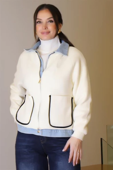 CEP DETAYLI UZUN KOLLU EKRU KADIN MONT T94581-2K5 - Resim 2