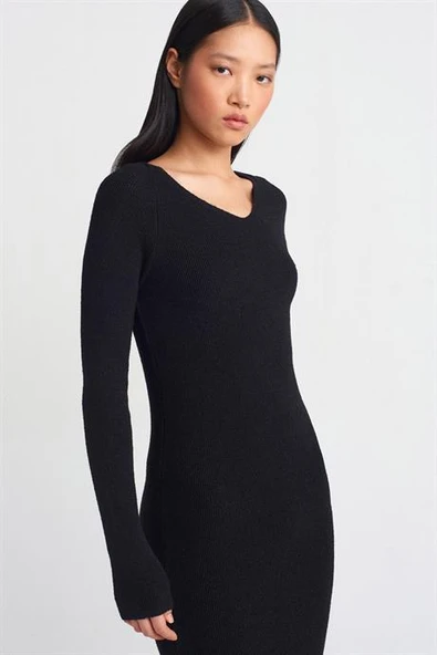 V Yaka Yumuşak Dokulu Fitilli Siyah Kadın Triko Elbise 90242-2K5 - 2