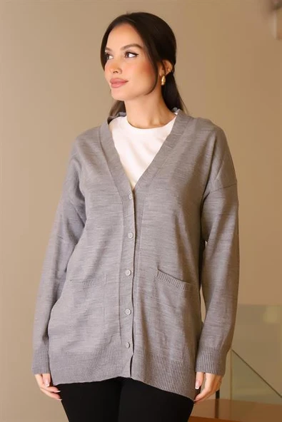 CEPLİ UZUN KOLLU GRİ KADIN HIRKA 5480-2K5 - Resim 3