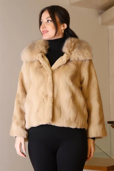 KÜRK YAKA UZUN KOLLU CAMEL KADIN CEKET   2637-2K5 - Resim 2