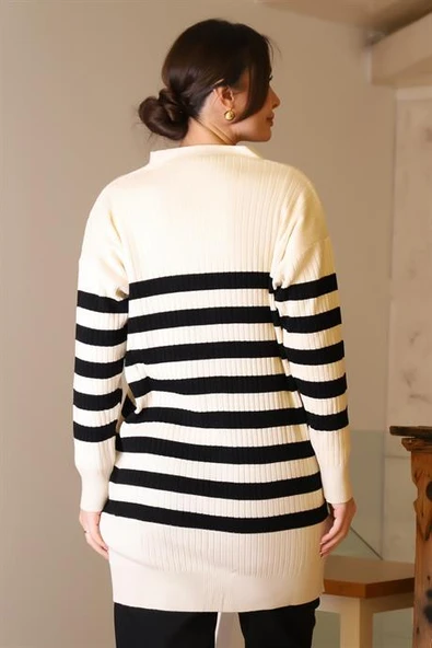 UZUN KOLLU DÜĞMELİ EKRU SİYAH  KADIN HIRKA 6132-2K5 - Resim 5