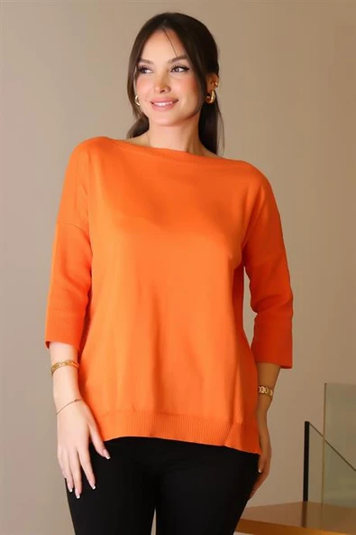 GENİŞ YAKA UZUN KOLLU ORANJ KADIN TRİKO KAZAK 5427-2K5 ürün görseli