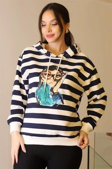 KAPÜŞONLU KIZ BASKILI LACİ KADIN SWEATSHİRT 29374-2K5 - 4