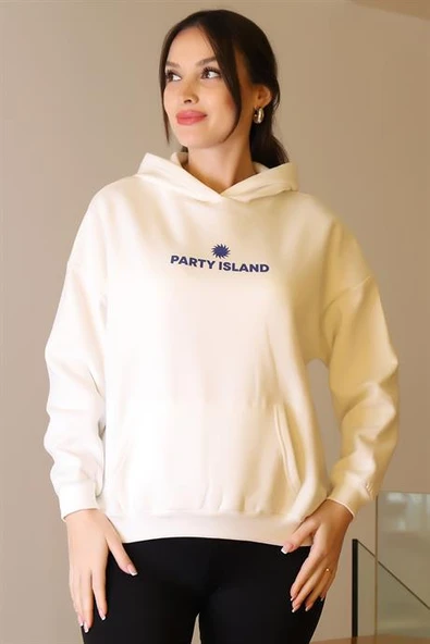 KAPÜŞONLU SIRTI YAZILI EKRU KADIN SWEATSHİRT W0011185-2K5 - 2