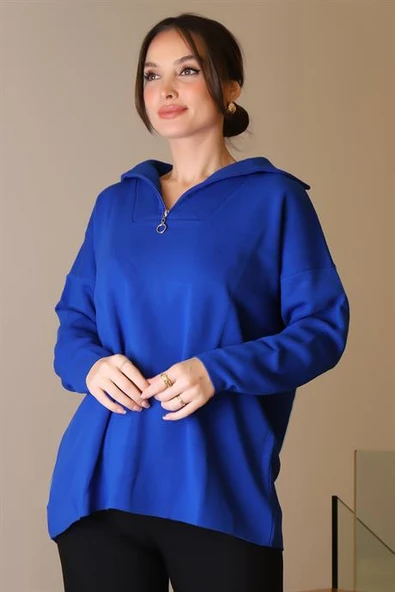 GENİŞ YAKA FERMUARLI SAKS TRİKO KADIN KAZAK 6078-2K5 - Resim 2