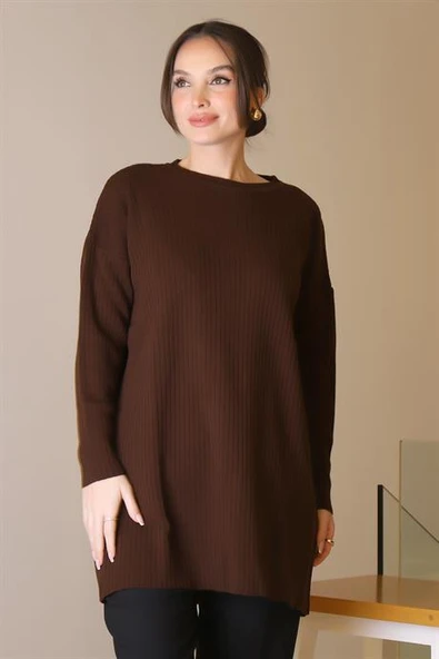 SIFIR YAKA UZUN KOLLU KAHVE KADIN TUNİK 6152-2K5 - 4