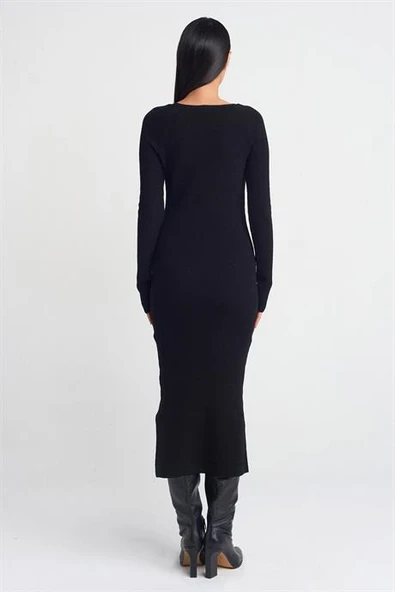 V Yaka Yumuşak Dokulu Fitilli Siyah Kadın Triko Elbise 90242-2K5 - 4