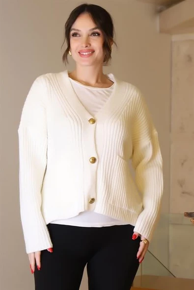 GOLD DÜĞMELİ UZUN KOLLU EKRU KADIN CEKET 94162-2K4 - Resim 2