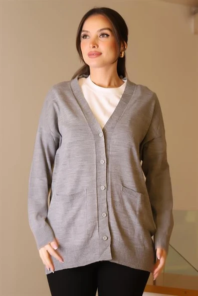 CEPLİ UZUN KOLLU GRİ KADIN HIRKA 5480-2K5 ürün görseli