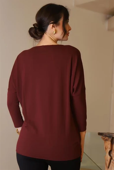 SIFIR YAKA YILDIZ BASKILI BORDO KADIN BLUZ  503-2K5 - Resim 5