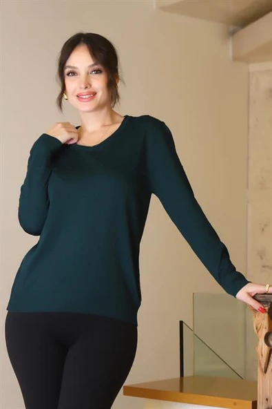 V YAKA UZUN KOLLU ZÜMRÜT  KADIN TRİKO KAZAK 5633-2K5 - Resim 2