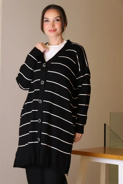 SİYAH ÇİZGİLİ UZUN KADIN TRİKO HIRKA 6165-2K5 - Resim 4