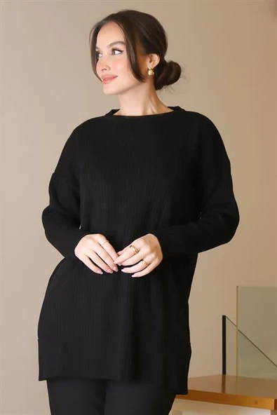 SIFIR YAKA UZUN KOLLU SİYAH KADIN TUNİK 6152-2K5 - Resim 2