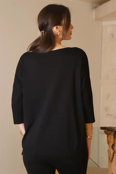 GENİŞ YAKA UZUN KOLLU SİYAH KADIN TRİKO KAZAK 5427-2K5 - 5