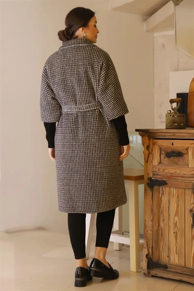 KAZAYAĞI DESENLİ KEMERLİ SİYAH KADIN KABAN 7135-2K5 - Resim 5